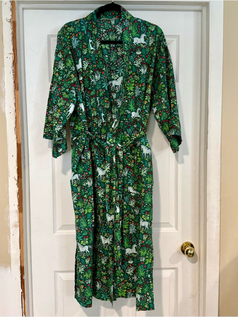 Anthro Printfresh Green Floral Kimono Robe with Unicorns